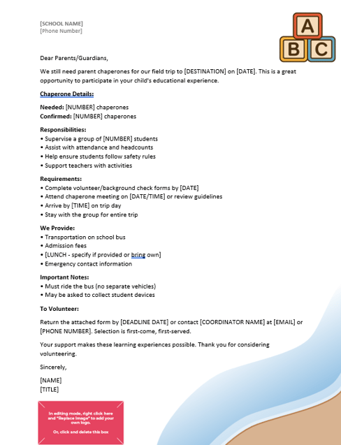 Field Trip Reminder Chaperone Letter