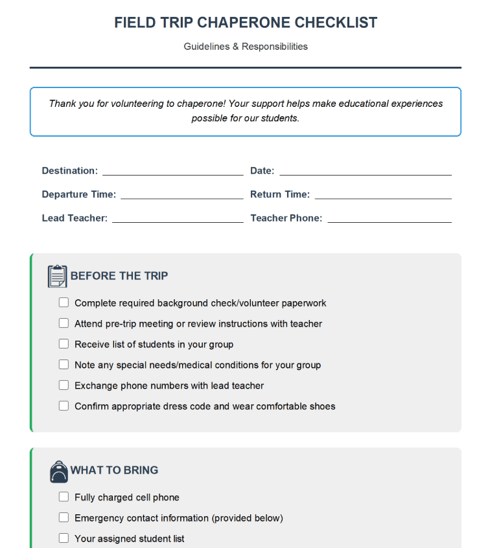 Field trip chaperone checklist
