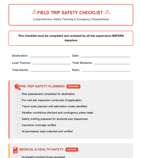 Field trip safety checklist