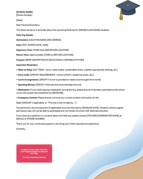 General Field Trip Reminder Letter to Parents
