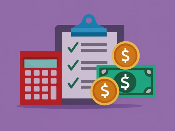 Illustration of a fundraiser checklist, calculator, and money, representing a budget