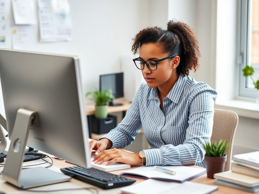 Daycare staff typing a childcare staff handbook