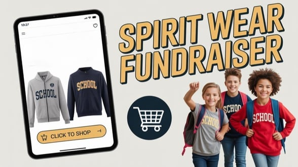 A mobile phone with spirit wear on the screen and two kids wear school t-shirts-1