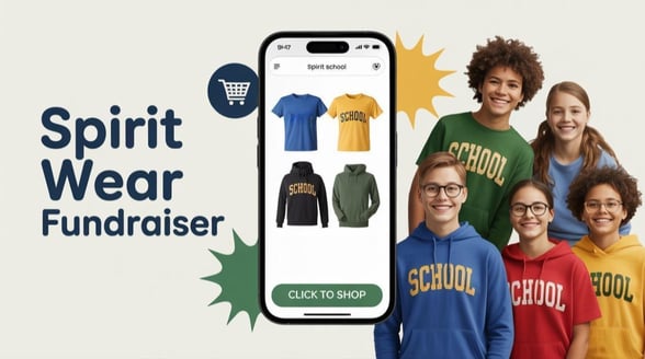 A school spirit wear store on a mobile phone and kids wearing apparel next to the phone