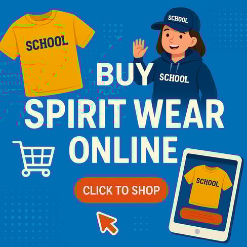 Girl Waving With School Spirit Apparel in Background and Shopping Cart