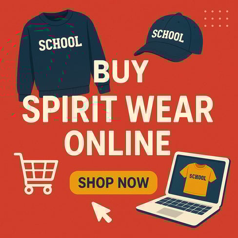 Hat, Sweatshirt and Shopping Cart with Caption of Buy School Spirit Wear