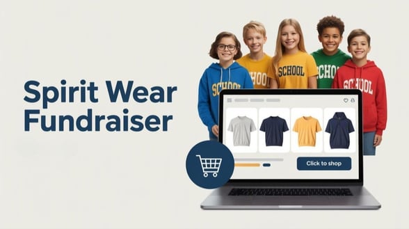 Kids wearing spirit wear huddled around a laptop with a school store on the screen