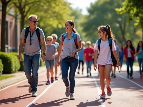 Parents and kids walking at a school walk-a-thon fundraiser event
