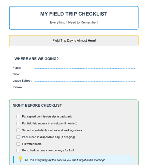 Student field trip checklist