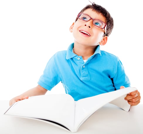 Thoughtful boy fantasizing and reading a book - isolated over white